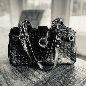 Brighton black leather purse with exterior heart pattern+silver chain handles